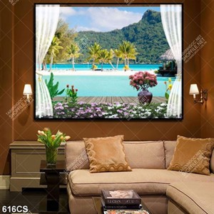 Tranh cửa sổ hướng ra biển đảo trang trí phòng ngủ