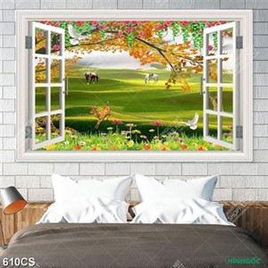 Tranh thiên nhiên giao hòa bên ô cửa sổ file psd