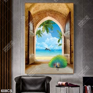 Tranh cửa gỗ hướng ra biển decor phòng