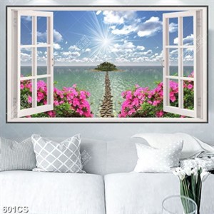 Tranh cửa sổ và hoa hướng ra biển file gốc