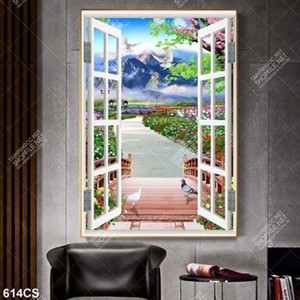 Tranh dán tường cửa sổ nhìn ra vườn hoa dưới chân núi