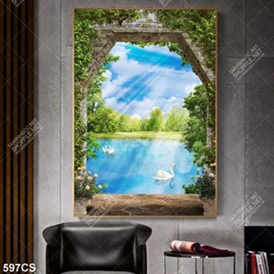 Tranh trang trí phòng cổng đá bên hồ nước và thiên nga