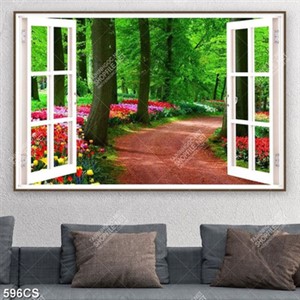 Tranh cửa sổ bên con đường hoa tulip chất lượng cao