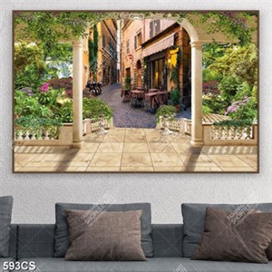 Tranh ban công nhìn ra quán cà phê in uv