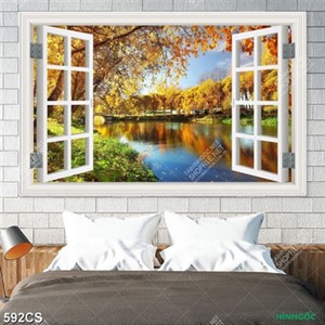 Tranh cửa sổ và cây lá vàng bên dòng sông chất lượng cao