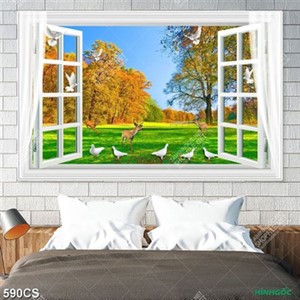 Tranh trang trí phòng khách phong cảnh mùa thu bên ô cửa sổ