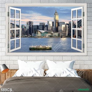 Tranh cửa sổ nhìn ra những tòa cao ốc bên dòng sông in kính