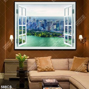 Tranh cửa sổ hướng ra thành phố lớn file gốc