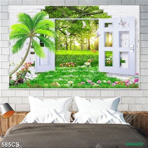 Tranh 3D khung cửa và cánh đồng cỏ xanh đẹp nhất