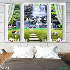 Tranh ban công và thác nước hùng vĩ bên đồng cỏ xanh
