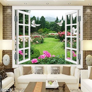 Tranh cửa sổ và vườn hồng nở rộ chất lượng cao