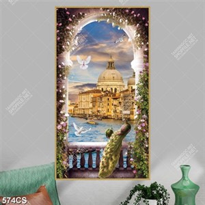 Tranh ban công hoa và chim hướng ra thành phố biển