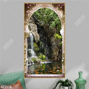 Tranh cổng lớn nhìn ra dòng suối bên vách đá in uv