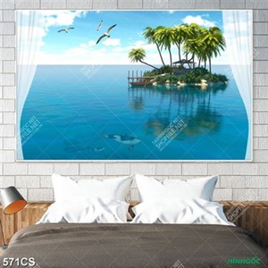 Tranh cửa sổ hướng ra biển đảo trang trí phòng ngủ