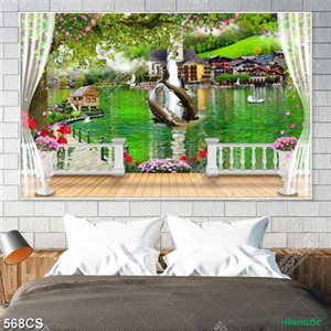 Tranh ban công bên dòng sông hướng ra thành phố lớn