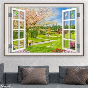 Tranh cửa sổ hướng ra ngôi nhà gỗ trên đồng cỏ xanh đẹp nhất
