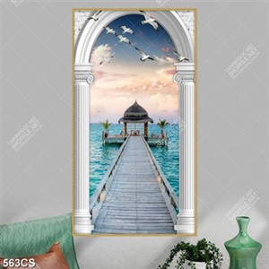 Tranh 3D cánh cổng trắng dẫn ra biển trang trí phòng khách
