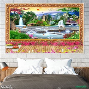 Tranh 3D thác nước phong thủy decor tường