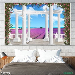 Tranh ban công và vườn oải hương trang trí phòng khách