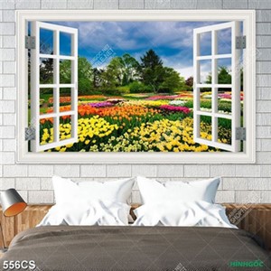 Tranh trang trí tường cửa sổ và vườn hoa nhiều màu sắc