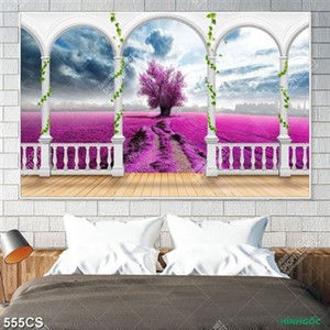 Tranh 3D ban công bên cánh đồng cỏ hồng đẹp độc đáo