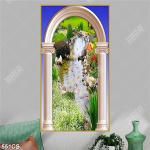 Tranh 3D cửa bên suối đá và đàn cá Koi in uv
