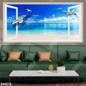 Tranh cửa sổ hướng ra biển trang trí tường in kính