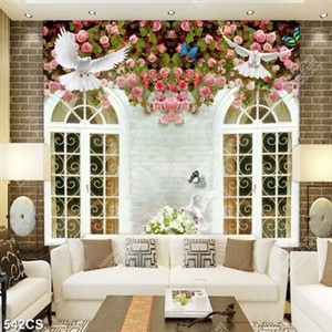 Tranh 3D khung cửa phủ hoa hồng và chim câu file gốc