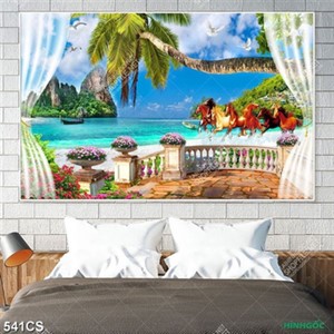 Tranh trang trí phòng khách ban công và bát mã bên bờ biển