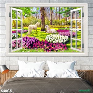 Tranh cửa sổ bên hoa và kỳ lân file gốc