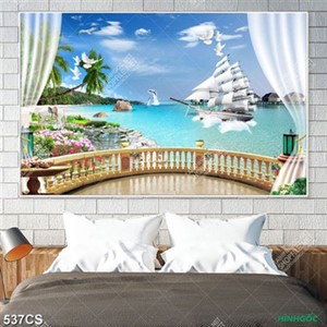 Tranh ban công nhìn ra thuyền buồm trên biển đẹp file gốc