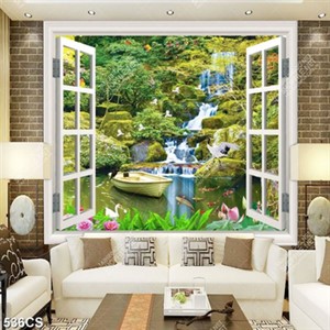 Tranh cửa sổ nhìn ra thác nước và chim chất lượng cao