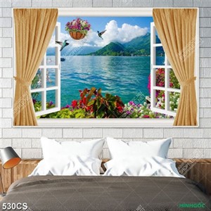 Tranh cửa sổ và hoa bên dòng sông trang trí tường