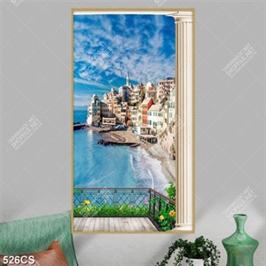 Tranh ban công bên thành phố biển khổ dọc file gốc