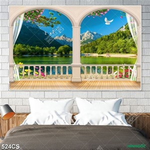 Tranh ban công bên hồ nước và núi rừng xanh mát