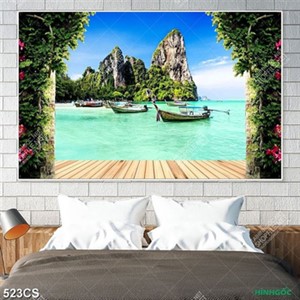 Tranh dán tường cánh cổng hoa nhìn ra biển đảo nghệ thuật