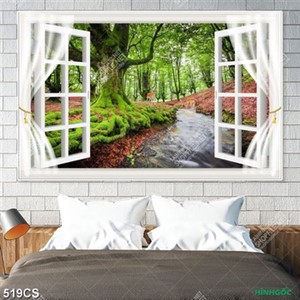 Tranh cửa sổ bên dòng sông và cây cổ thụ