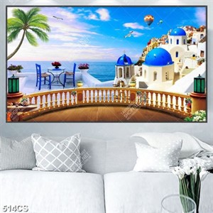 Tranh ban công bên tòa lâu đài hướng ra biển chất lượng cao