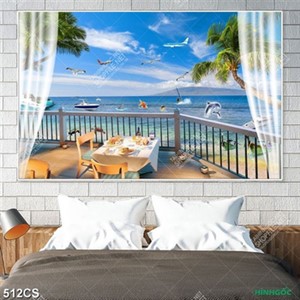 Tranh ban công bên bờ biển trang trí phòng ngủ file psd