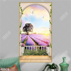 Tranh ban công và vườn hoa oải hương decor phòng khách