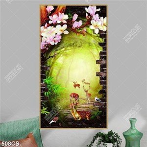 Tranh 3D dán tường đàn nai bên khu rừng sương mờ in kính
