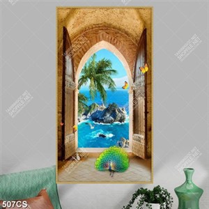 Tranh dán tường cánh cổng gỗ hướng ra biển đảo