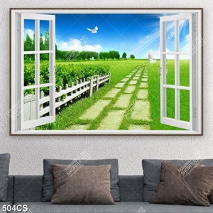 Tranh cửa sổ và cánh đồng màu xanh in uv