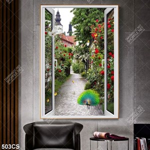 Tranh cửa sổ và con đường hoa hồng file gốc