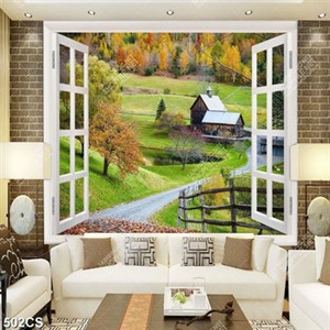 Tranh trang trí tường ngôi nhà nhỏ trên đồng cỏ xanh bên ô cửa sổ