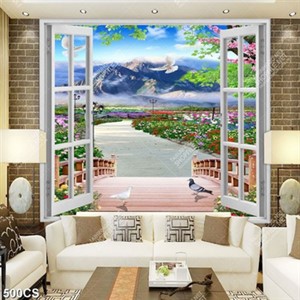 Tranh cửa sổ hướng ra vườn hoa và núi gắn tường đẹp nhất