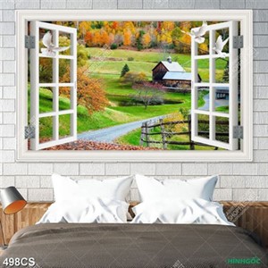 Tranh cửa sổ hướng ra ngôi nhà trên đồng cỏ xanh