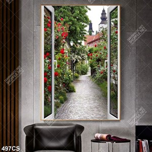Tranh decor phòng cửa sổ bên con đường hoa hồng đỏ