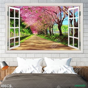 Tranh cửa sổ và cây hoa anh đào file psd