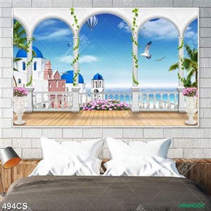 Tranh dán tường ban công và toà lâu đài bên bờ biển